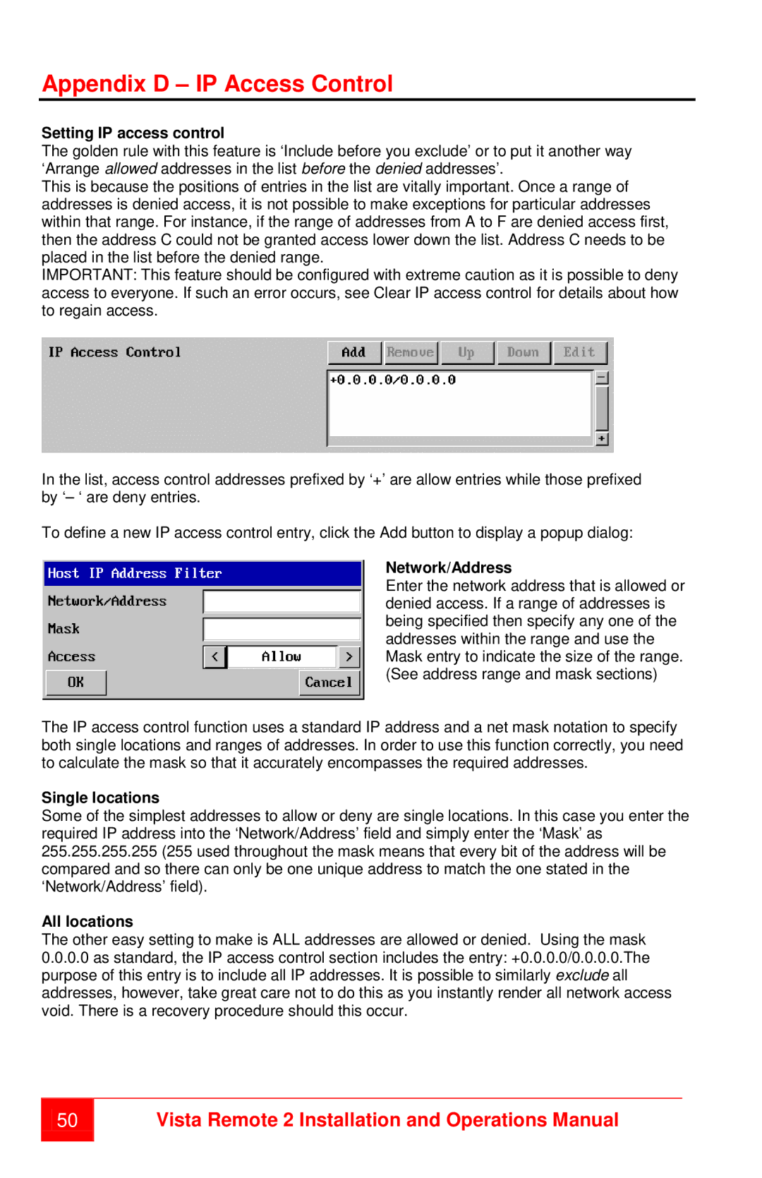 Rose electronic MAN-VR2 manual Appendix D IP Access Control, Setting IP access control, Network/Address, Single locations 