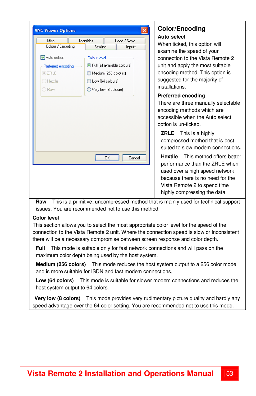 Rose electronic MAN-VR2 manual Color/Encoding, Auto select, Preferred encoding, Color level 