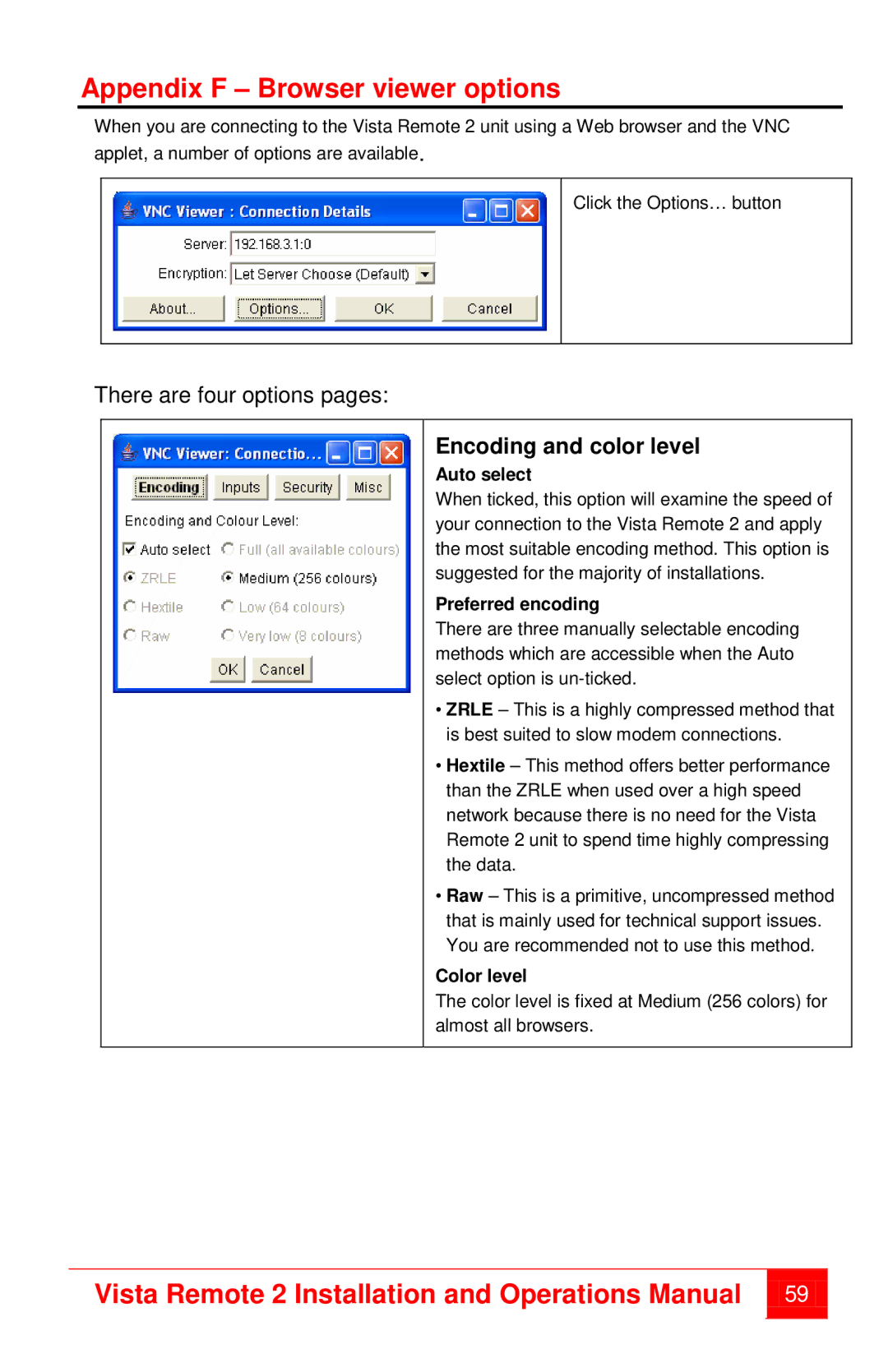 Rose electronic MAN-VR2 manual Appendix F Browser viewer options, Encoding and color level 