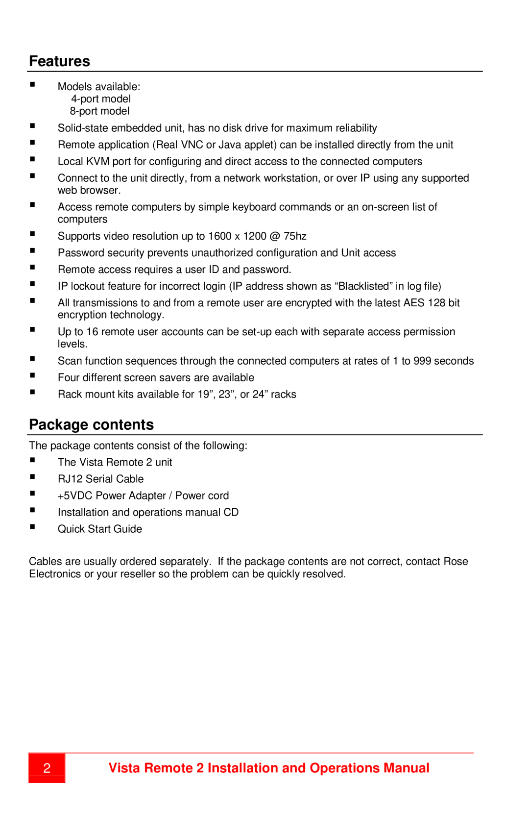 Rose electronic MAN-VR2 manual Features, Package contents 