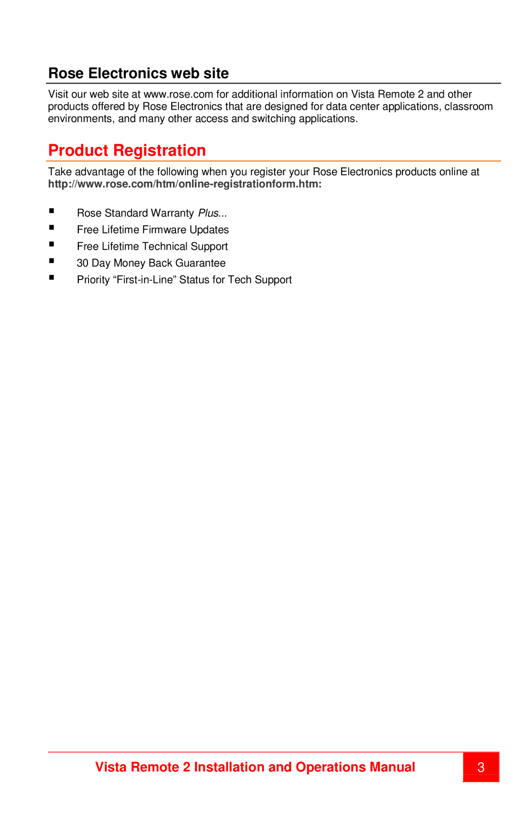 Rose electronic MAN-VR2 manual Product Registration, Rose Electronics web site 