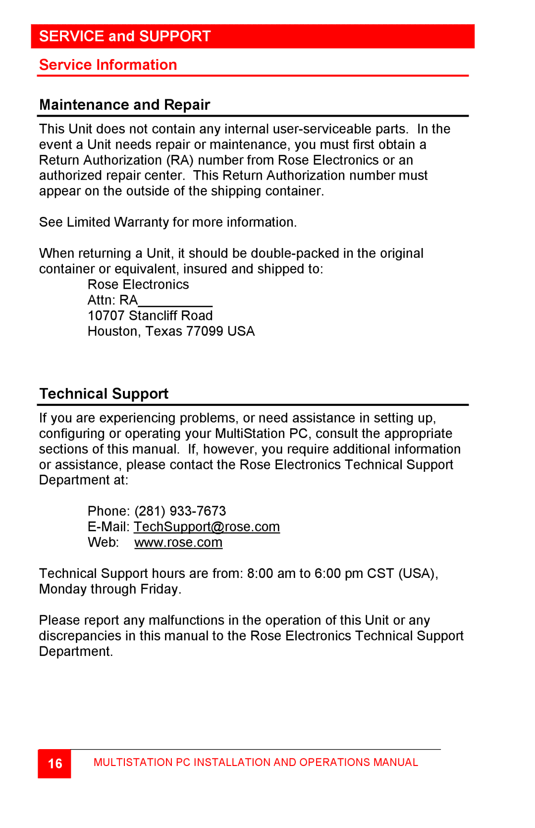 Rose electronic MultiStation manual Service Information, Maintenance and Repair, Technical Support 