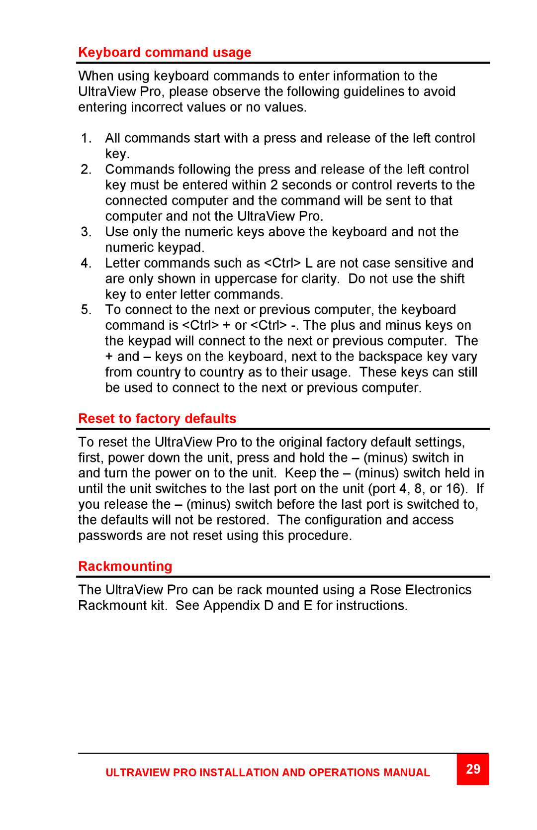 Rose electronic Professional Series manual Keyboard command usage, Reset to factory defaults, Rackmounting 