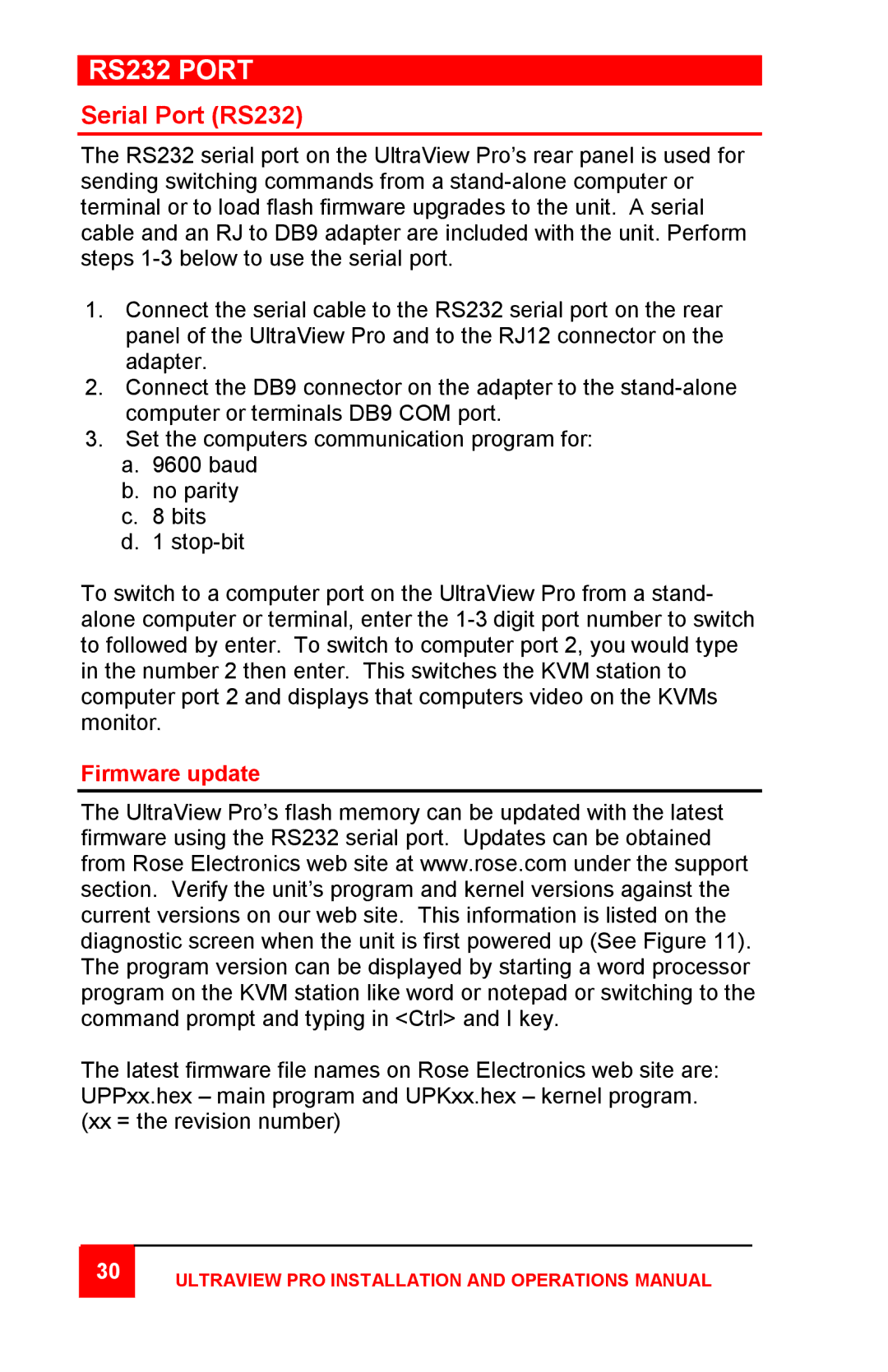 Rose electronic Professional Series manual RS232 Port, Serial Port RS232, Firmware update 