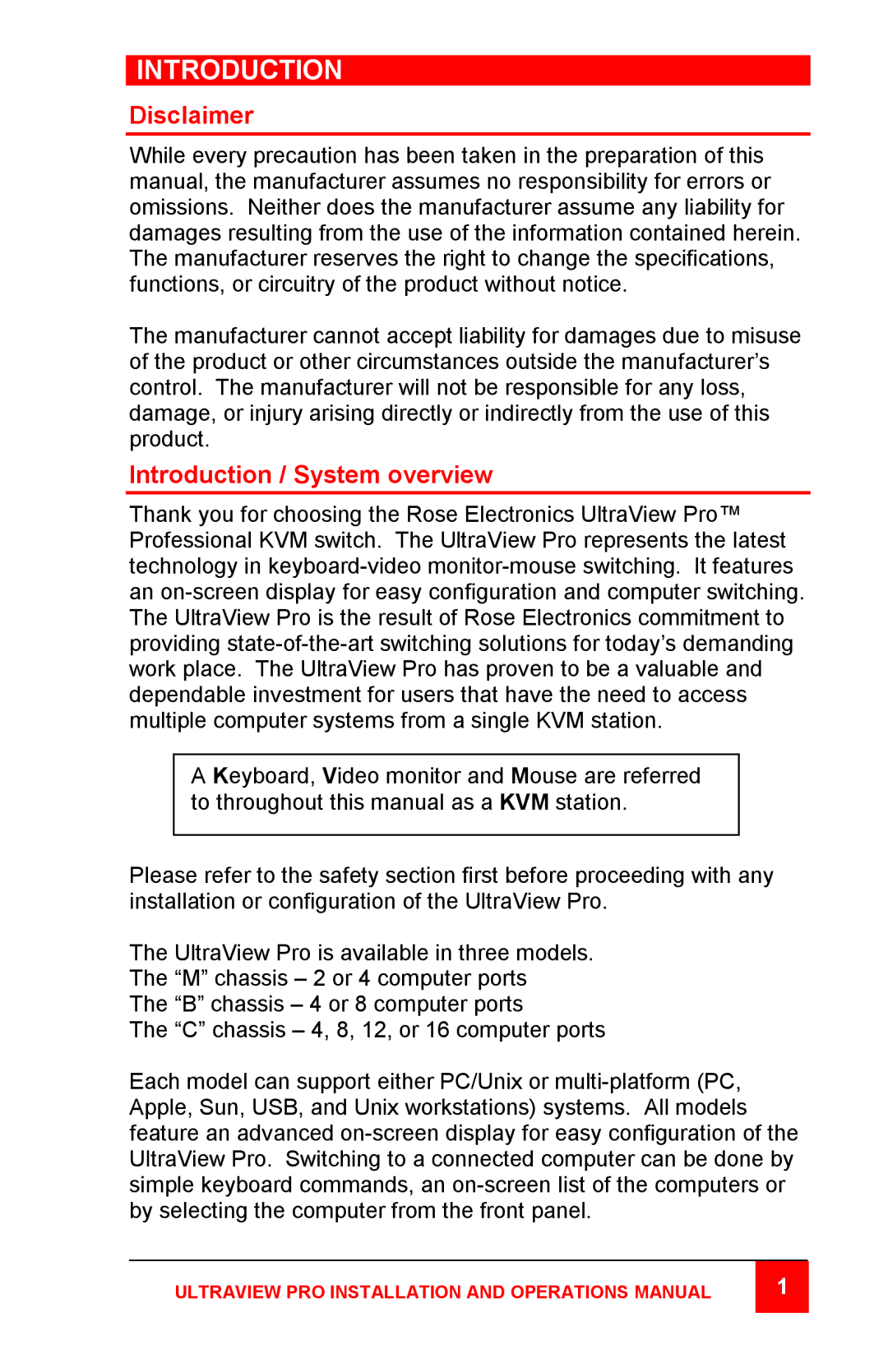 Rose electronic Professional Series manual Disclaimer, Introduction / System overview 