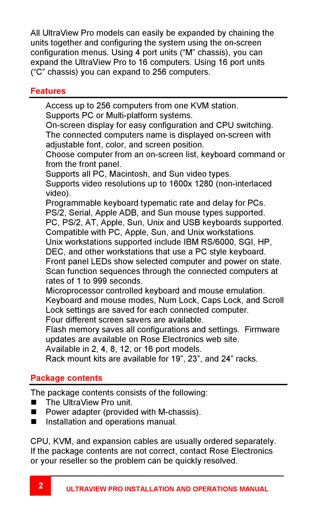 Rose electronic Professional Series manual Features, Package contents 