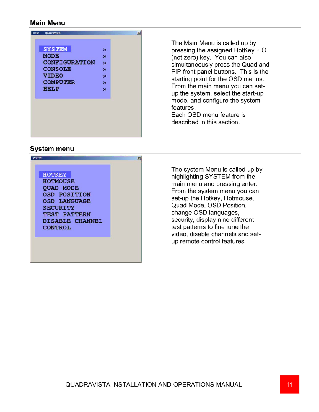 Rose electronic QuadraVista manual Main Menu, System menu 