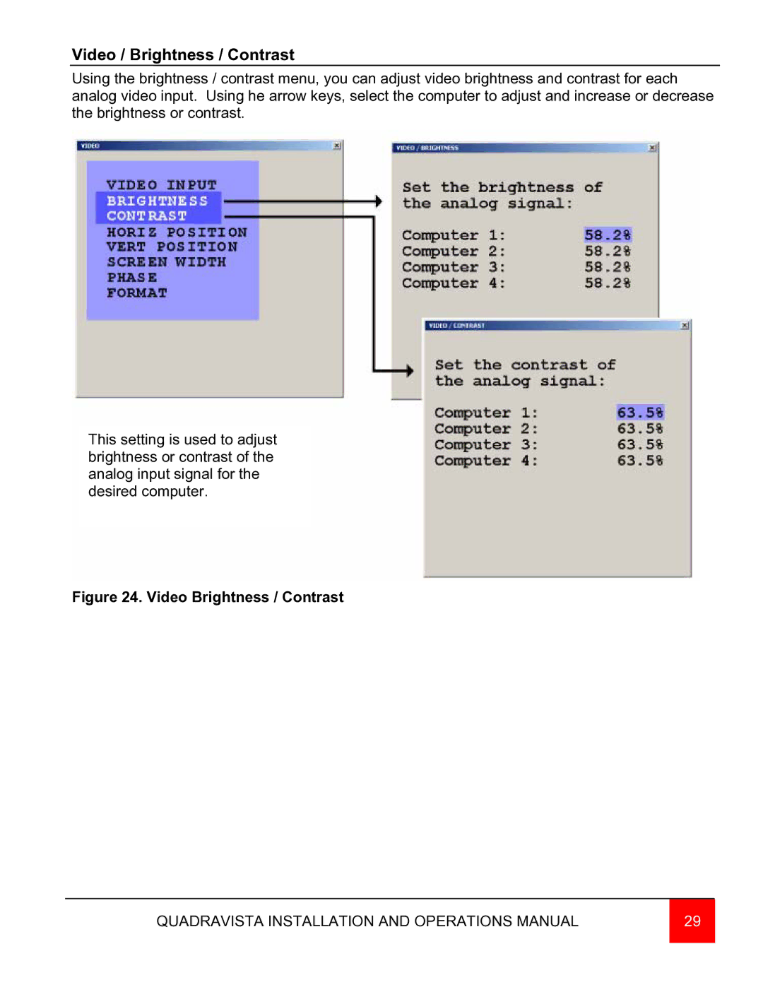 Rose electronic QuadraVista manual Video / Brightness / Contrast, Video Brightness / Contrast 