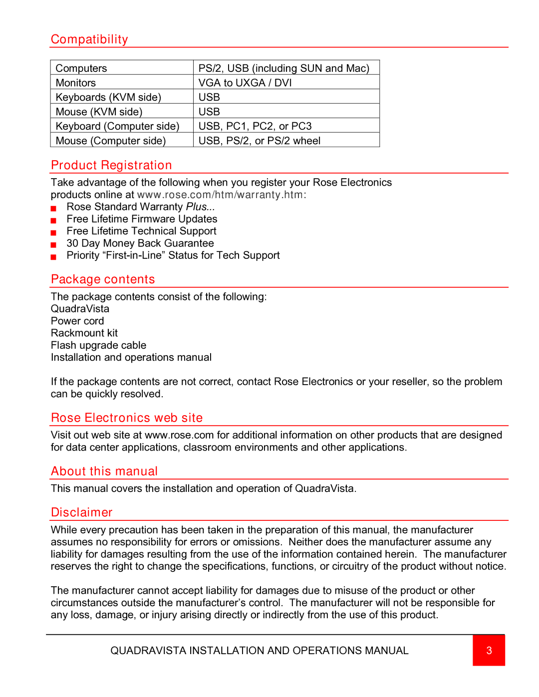 Rose electronic QuadraVista manual Compatibility, Product Registration, Package contents, Disclaimer 