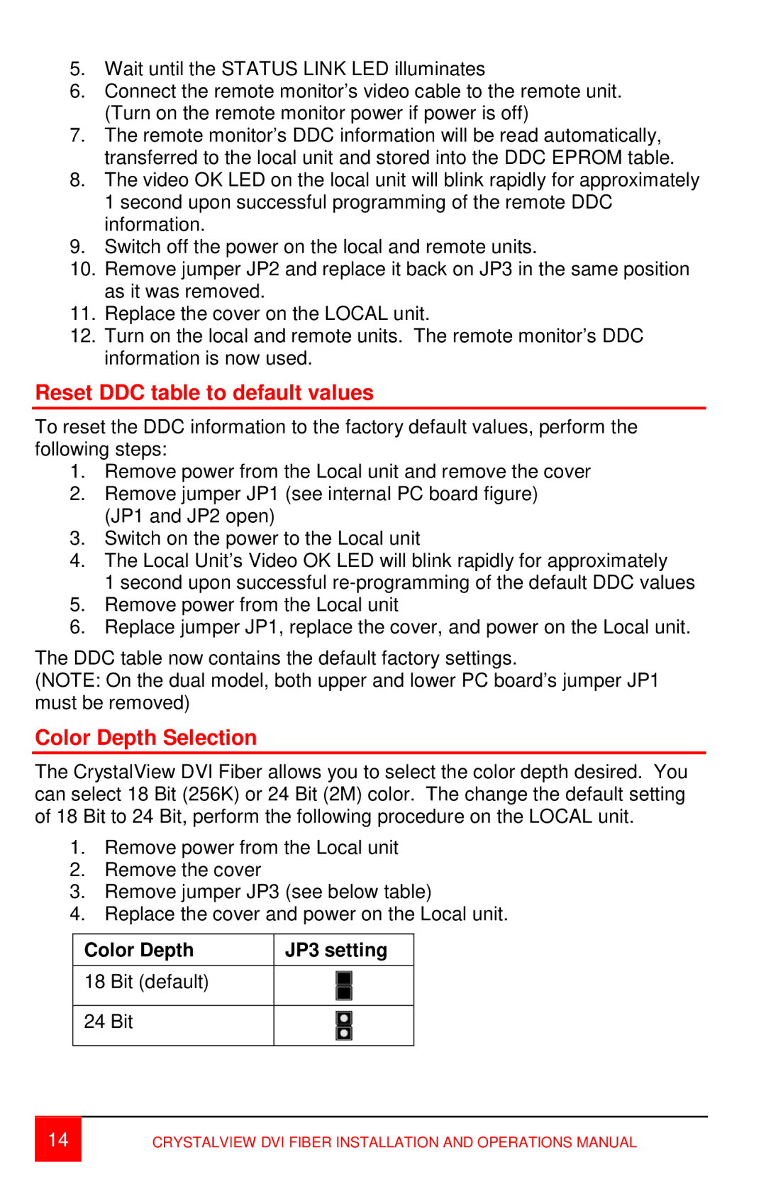 Rose electronic Single or Dual video / USB or PS/2 Catx manual Reset DDC table to default values, Color Depth Selection 