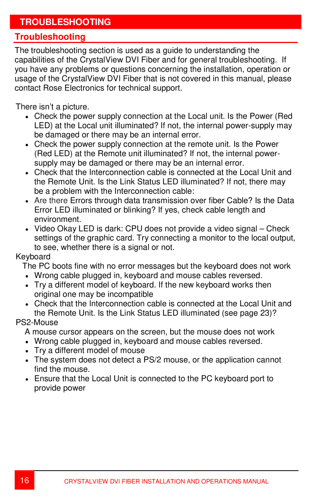 Rose electronic Single or Dual video / USB or PS/2 Catx, Singlemode or Multimode fiber models manual Troubleshooting 