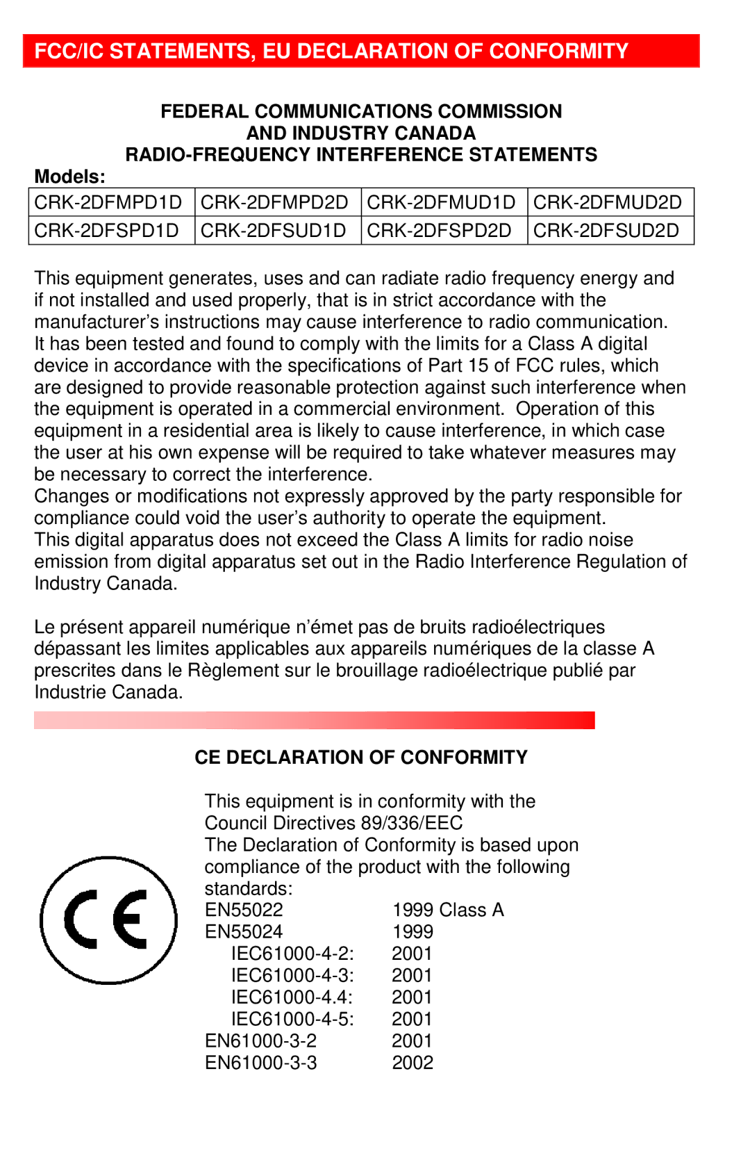 Rose electronic Single or Dual video / USB or PS/2 Catx manual FCC/IC STATEMENTS, EU Declaration of Conformity, Models 