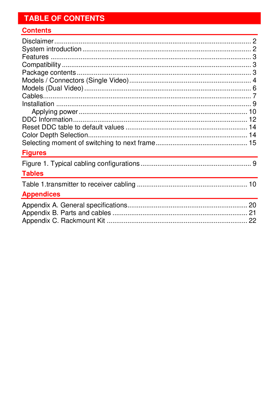 Rose electronic Singlemode or Multimode fiber models, Single or Dual video / USB or PS/2 Catx manual Table of Contents 