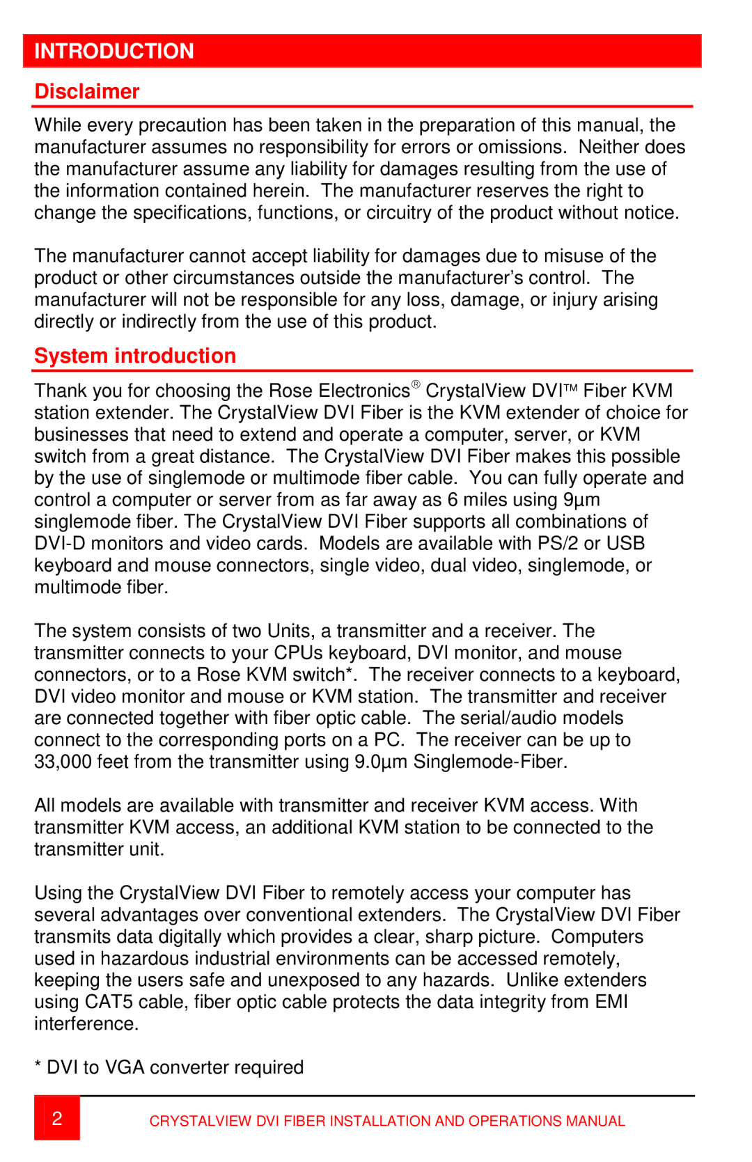 Rose electronic Single or Dual video / USB or PS/2 Catx manual Introduction, Disclaimer, System introduction 