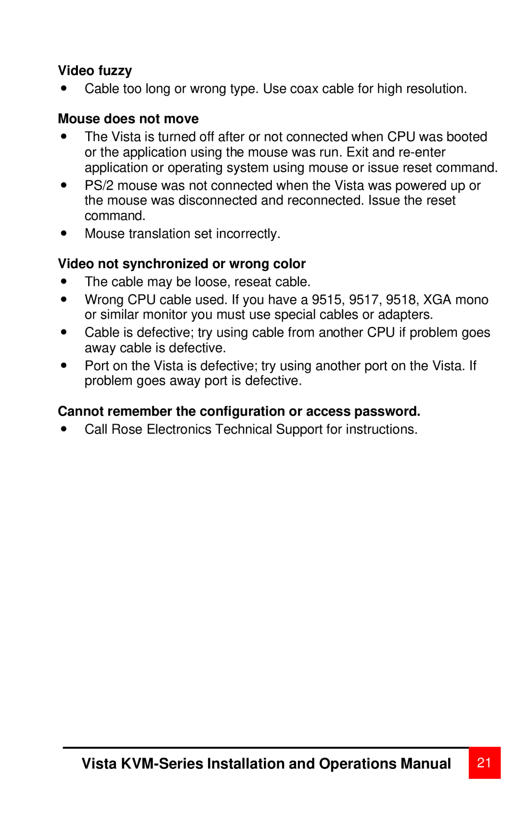 Rose electronic switch/hub manual Video fuzzy, Mouse does not move, Video not synchronized or wrong color 