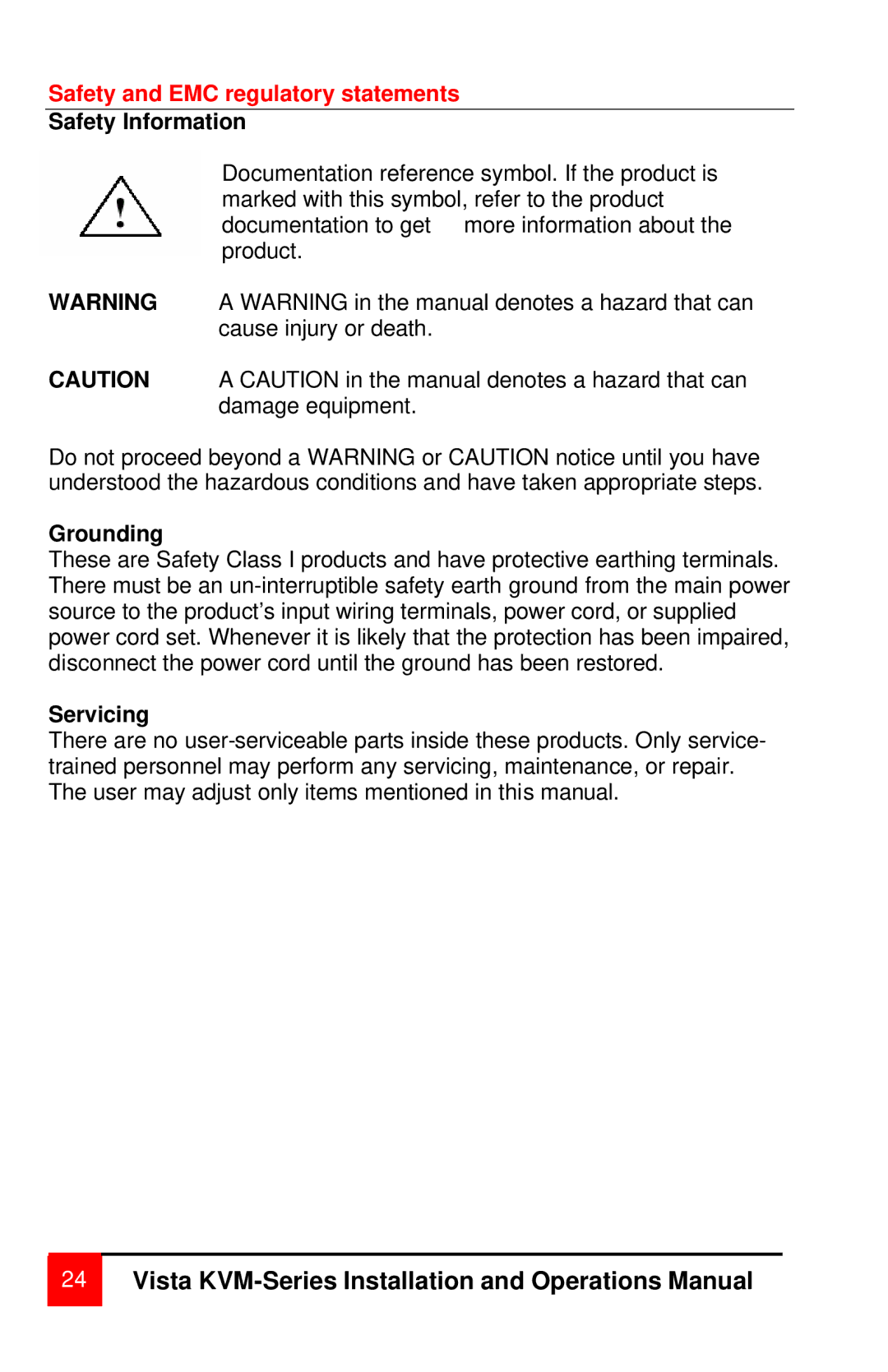 Rose electronic switch/hub manual Safety and EMC regulatory statements, Safety Information, Grounding, Servicing 