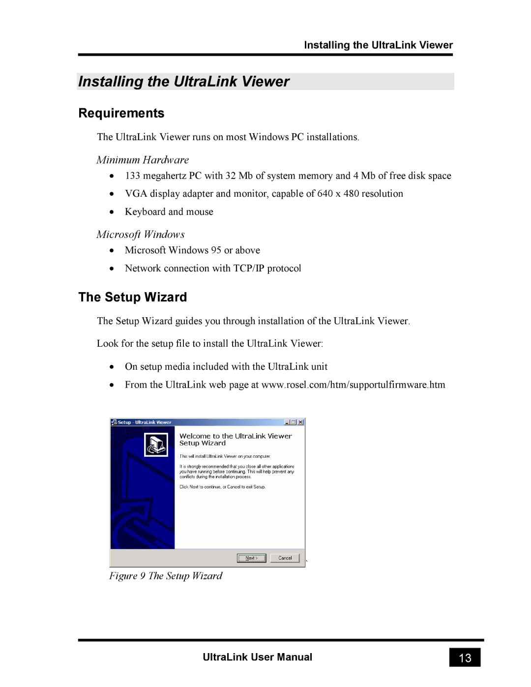 Rose electronic UL-V3 manual Installing the UltraLink Viewer, Requirements, Setup Wizard 