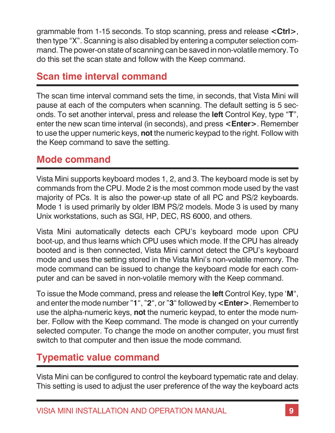 Rose electronic Vista Mini operation manual Scan time interval command, Mode command, Typematic value command 