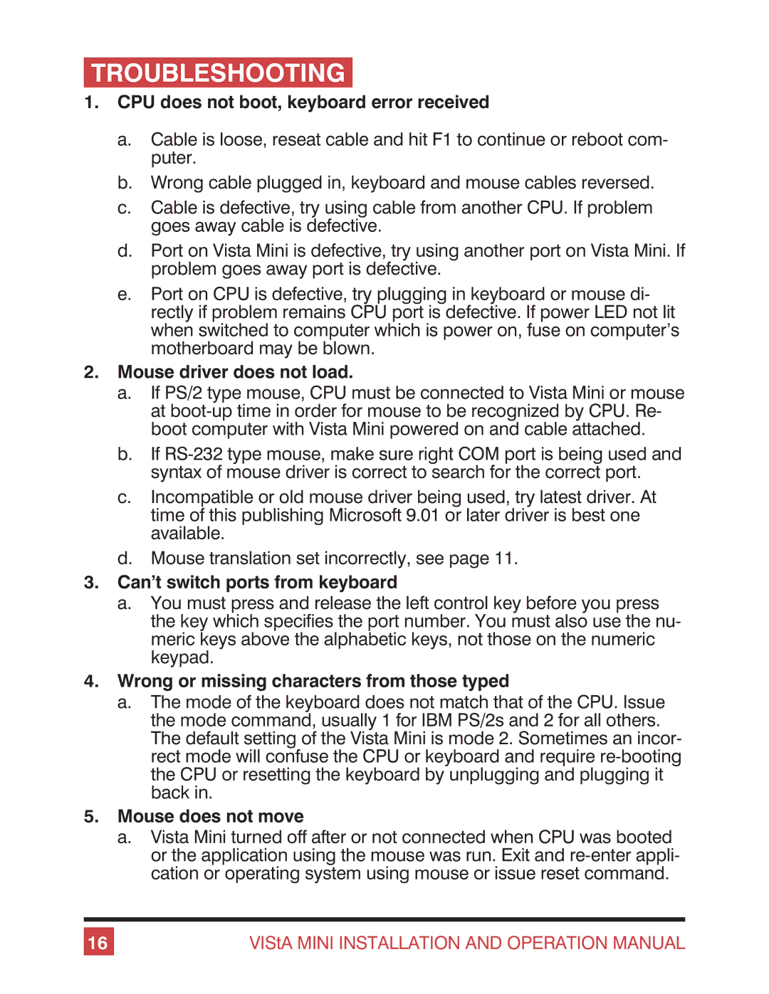 Rose electronic Vista Mini operation manual Troubleshooting 