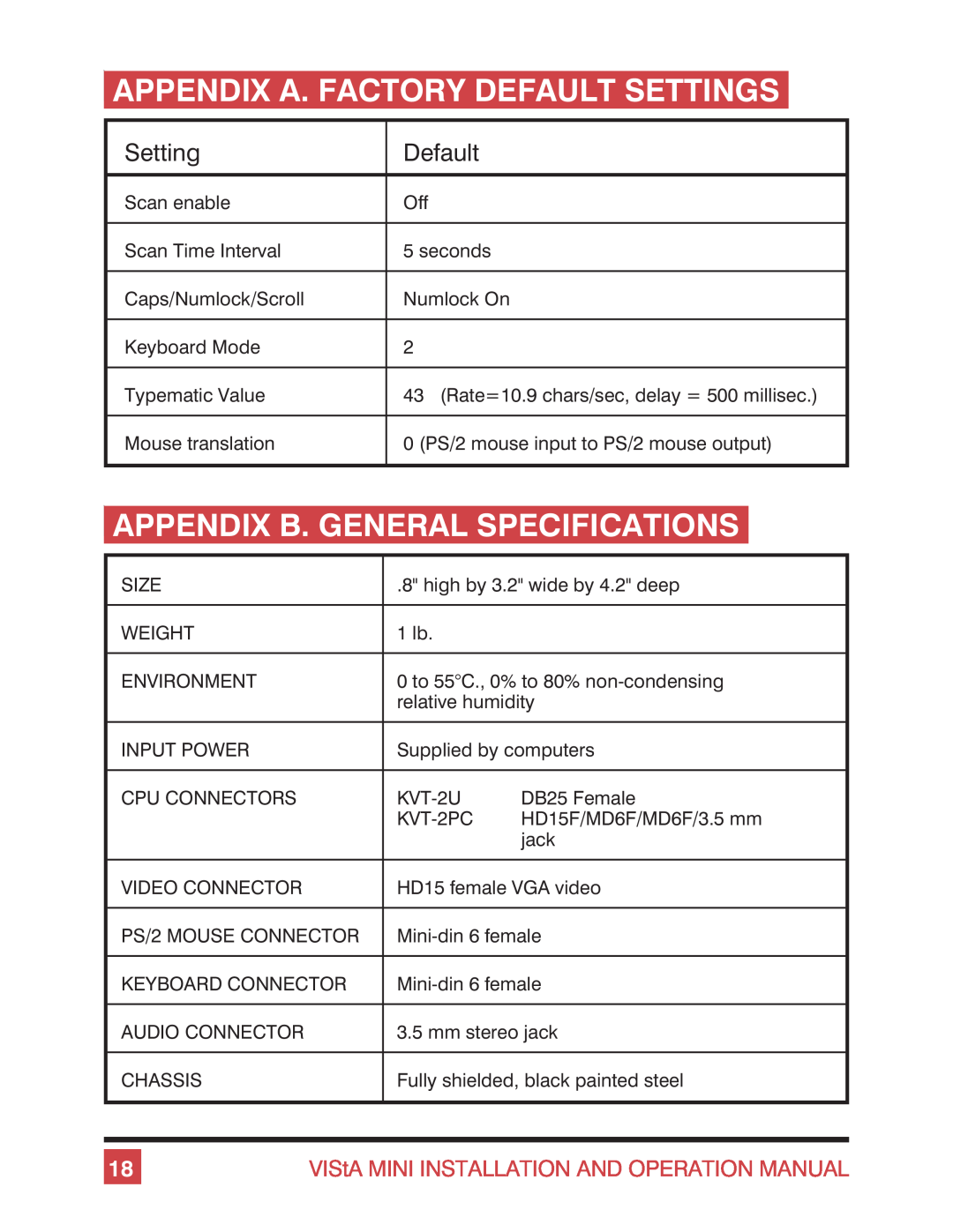 Rose electronic Vista Mini operation manual Appendix A. Factory Default Settings, Appendix B. General Specifications 