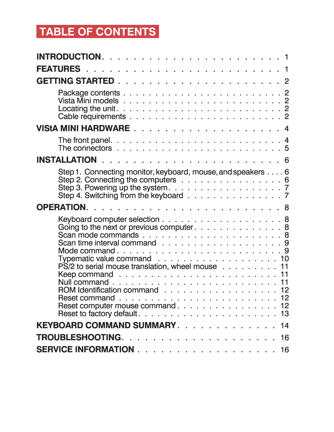 Rose electronic Vista Mini operation manual Table Of Contents, VIStA MINI HARDWARE, Installation, Operation 