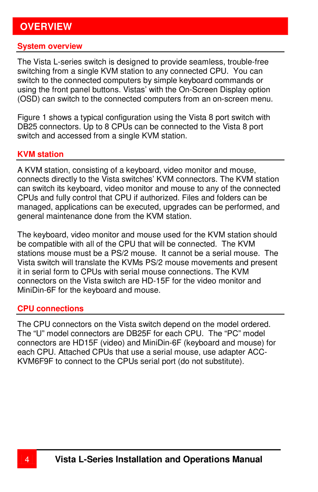 Rose electronic vista manual Overview, System overview, KVM station, CPU connections 