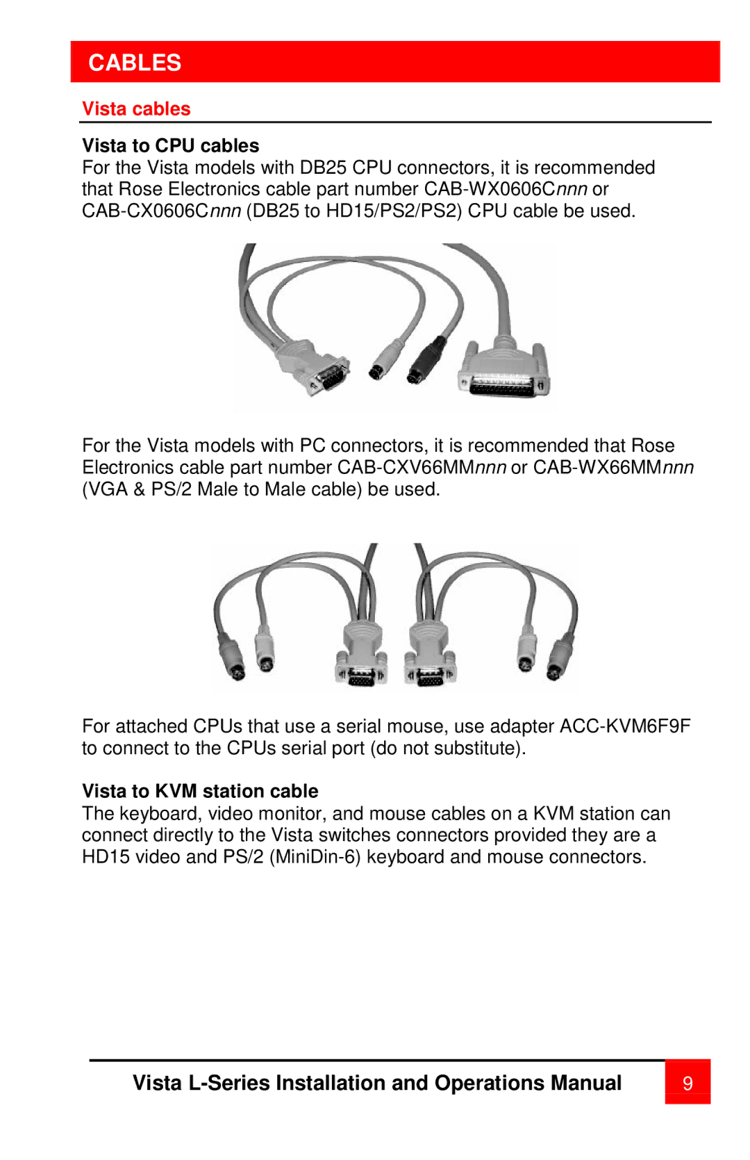 Rose electronic vista manual Cables, Vista cables, Vista to CPU cables, Vista to KVM station cable 