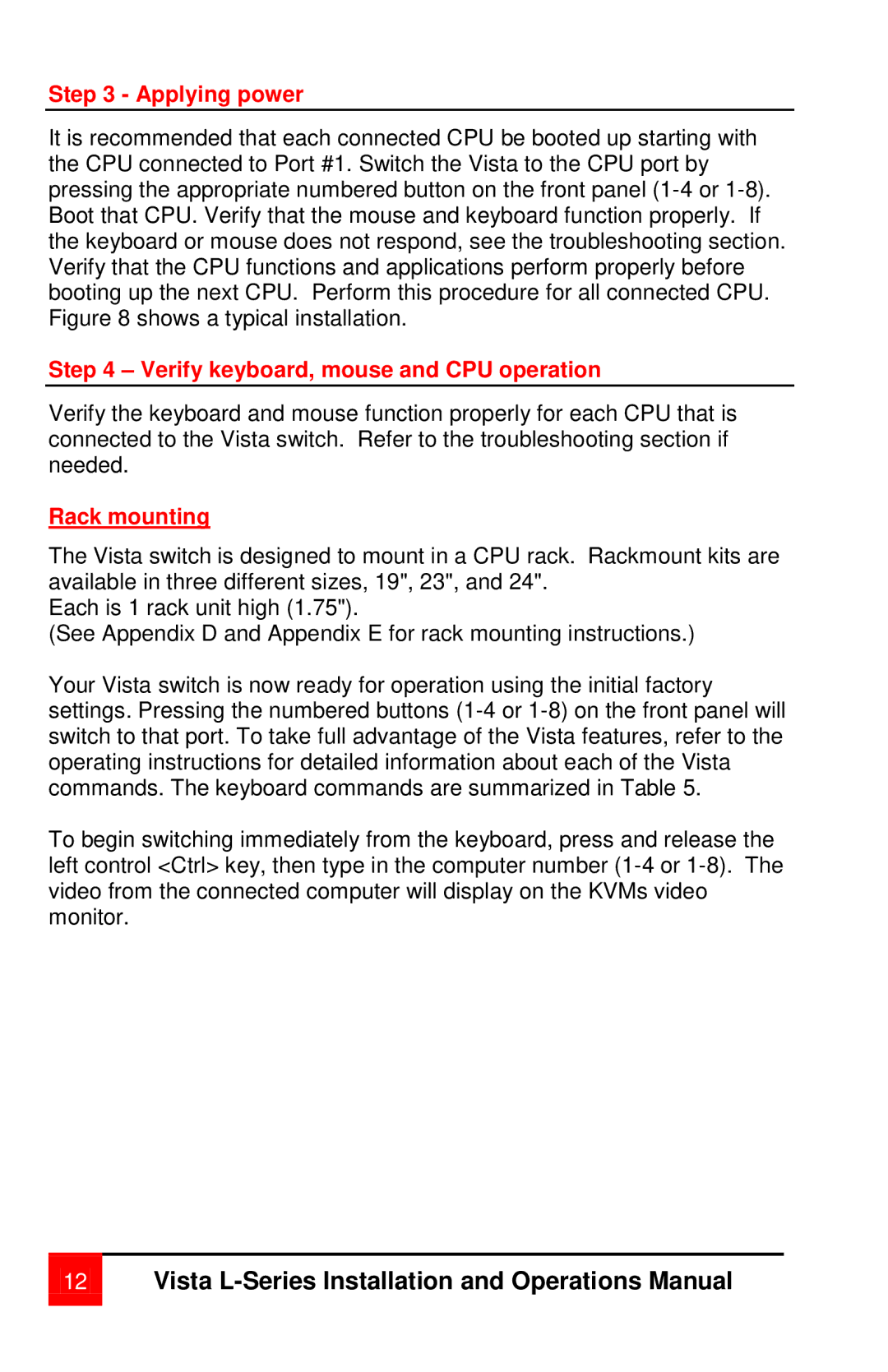 Rose electronic vista manual Applying power, Verify keyboard, mouse and CPU operation, Rack mounting 