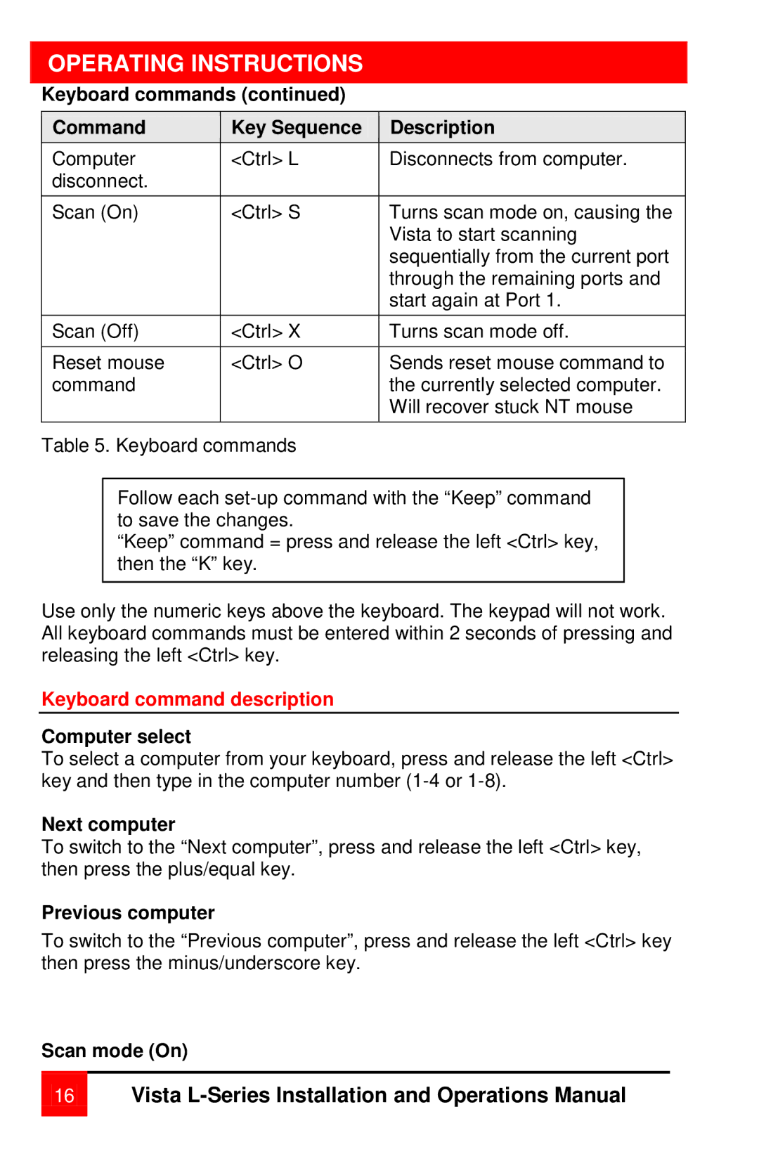 Rose electronic vista manual Keyboard command description, Computer select, Next computer, Previous computer, Scan mode On 