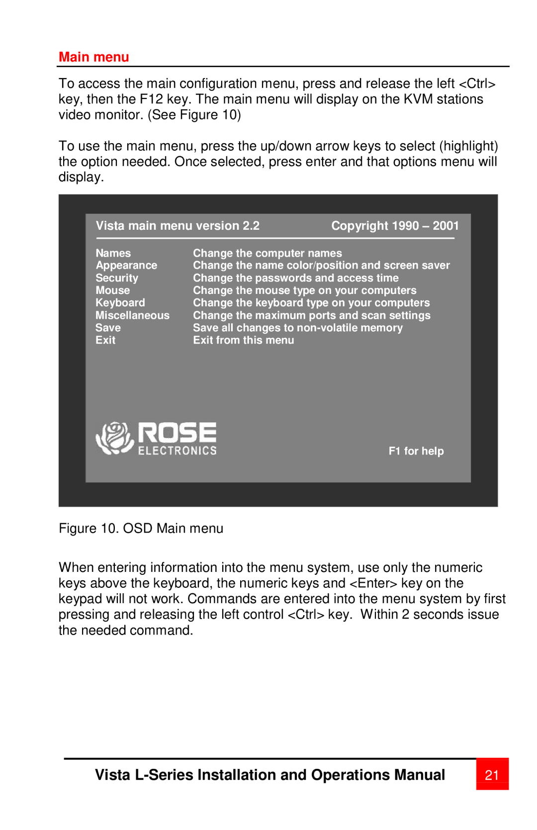 Rose electronic vista manual Main menu, Vista main menu version Copyright 1990 