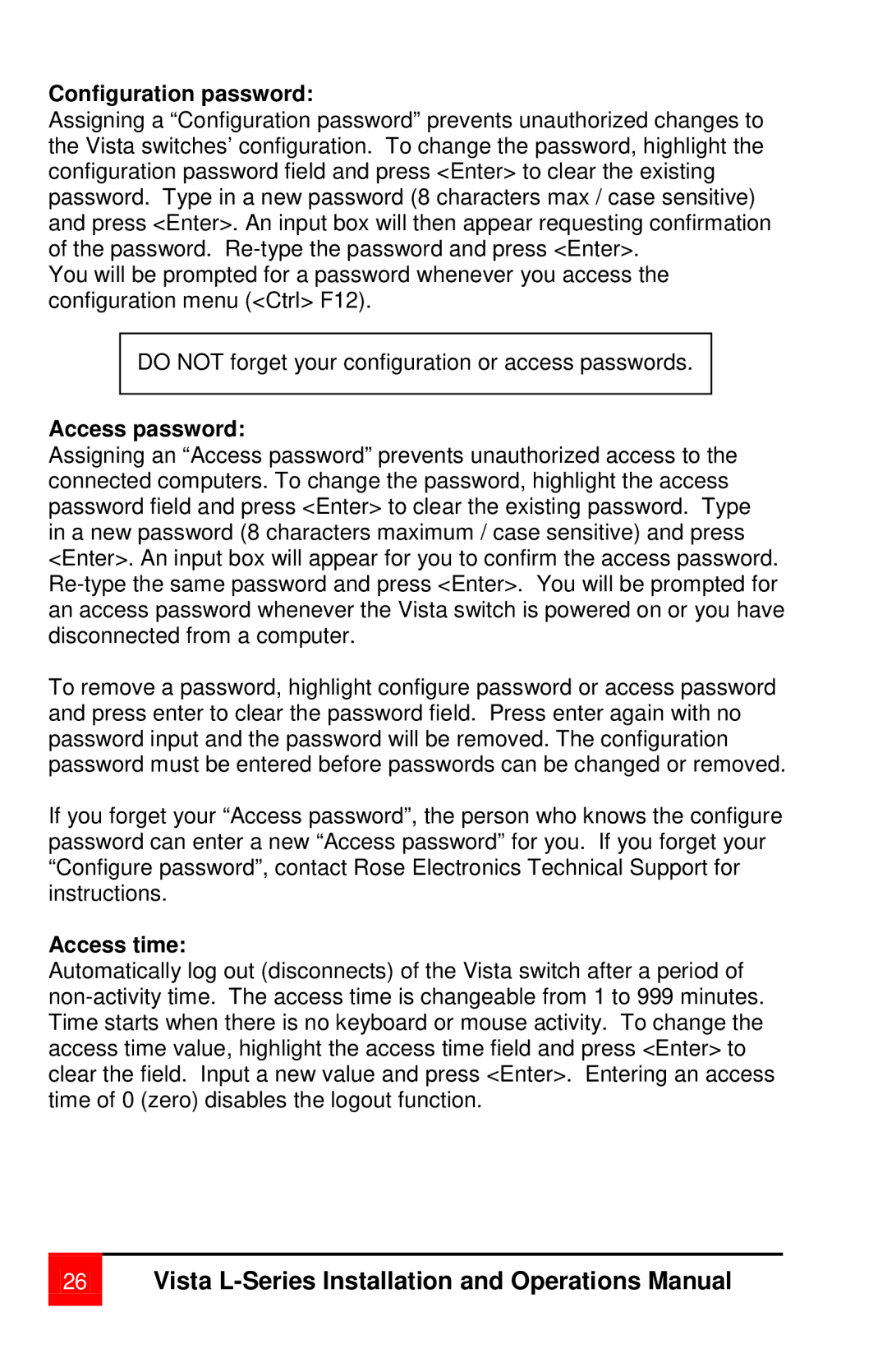 Rose electronic vista manual Configuration password, Access password, Access time 