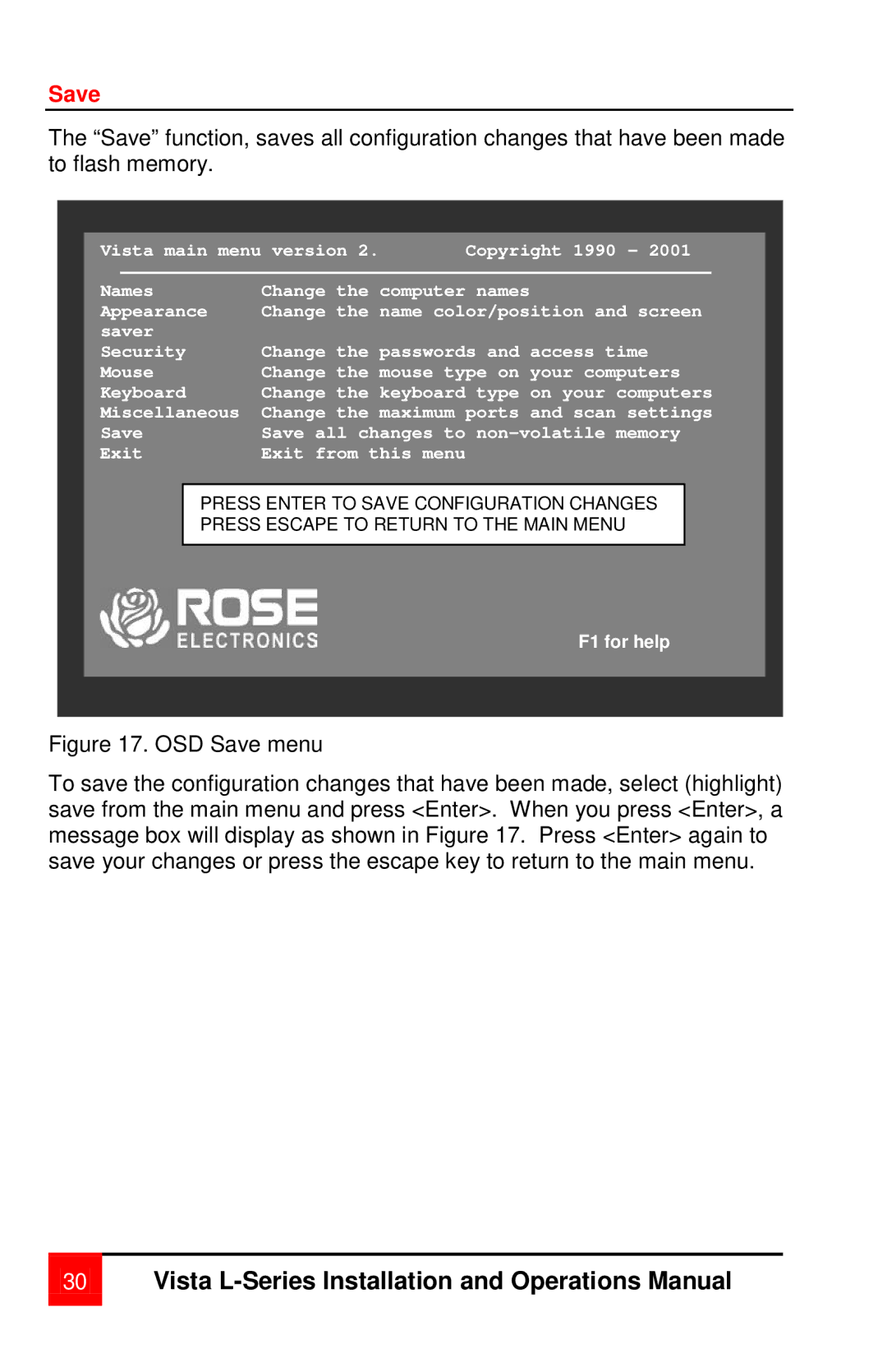 Rose electronic vista manual Save, Exit 