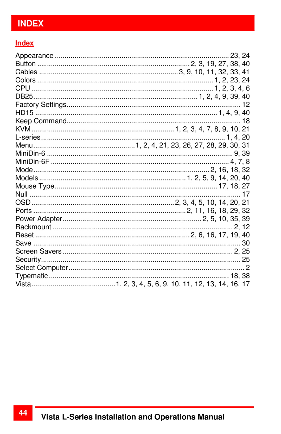 Rose electronic vista manual Index 