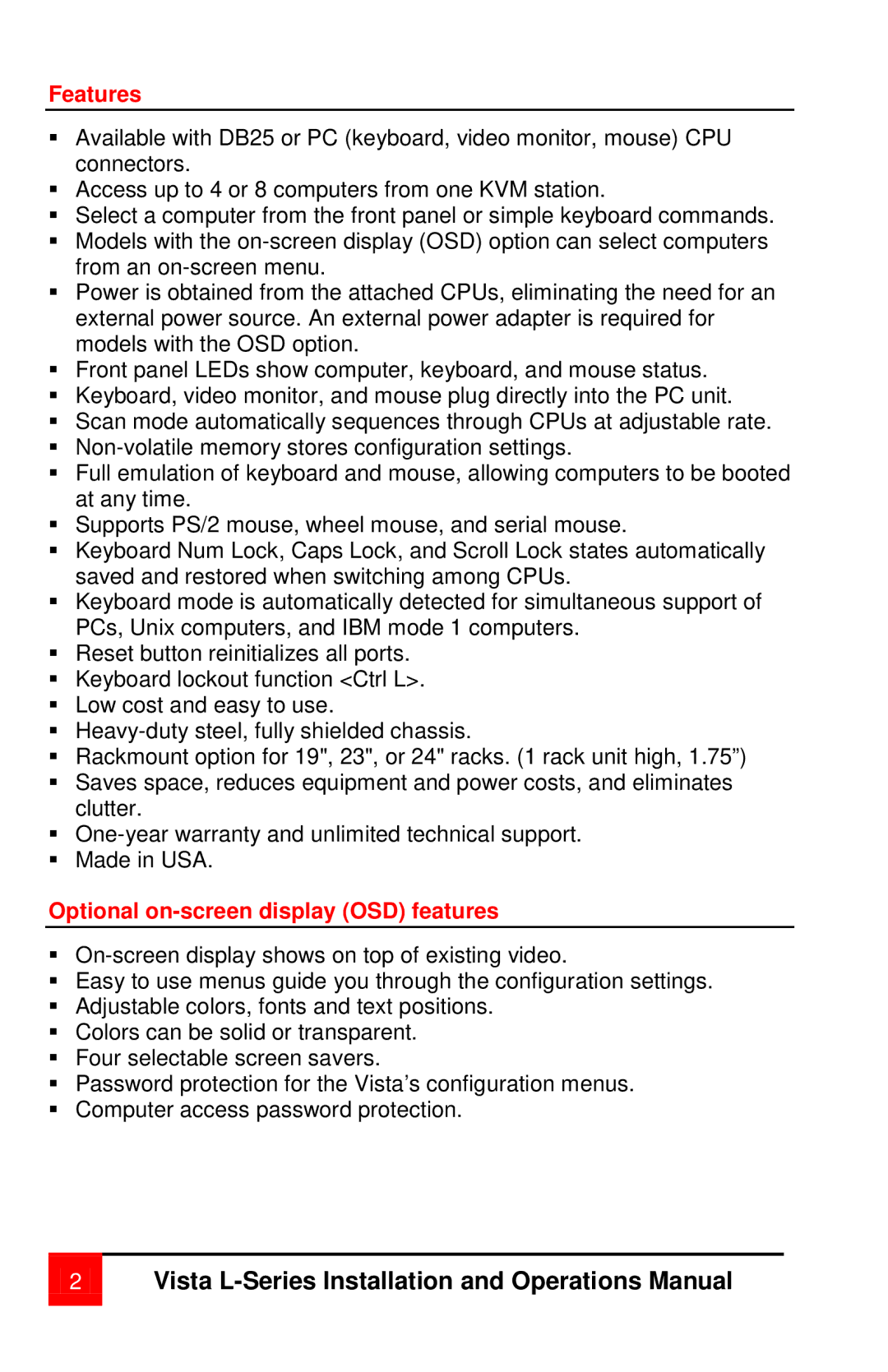 Rose electronic vista manual Features, Optional on-screen display OSD features 