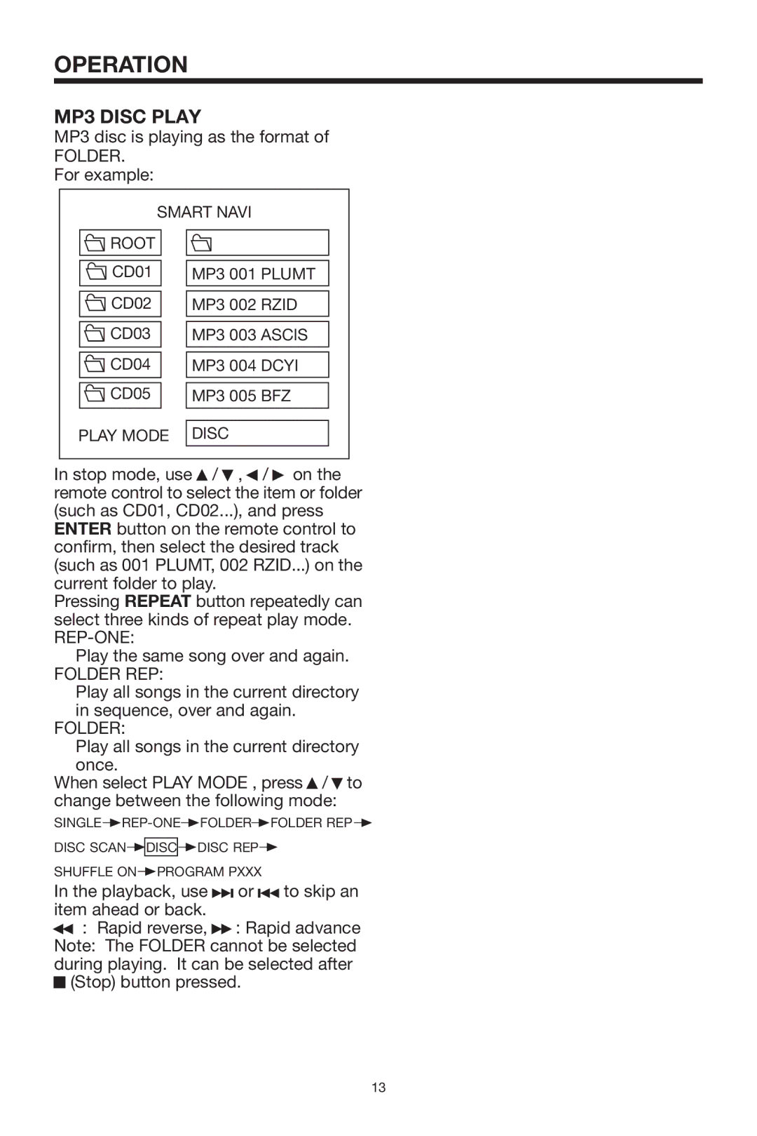 Rosen Entertainment Systems 10.2 manual MP3 Disc Play, Folder REP 