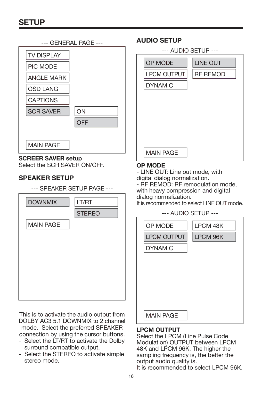 Rosen Entertainment Systems 10.2 manual Speaker Setup, Audio Setup, Screer Saver setup, OP Mode, Lpcm Output 