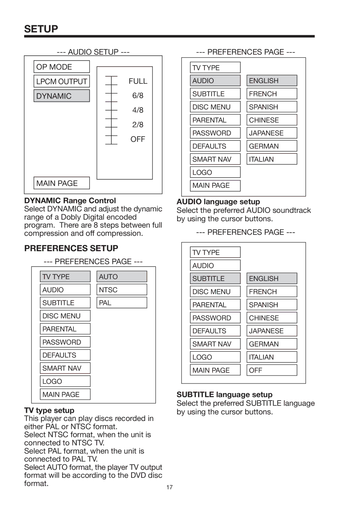 Rosen Entertainment Systems 10.2 manual Preferences Setup, Dynamic Range Control, TV type setup, Audio language setup 