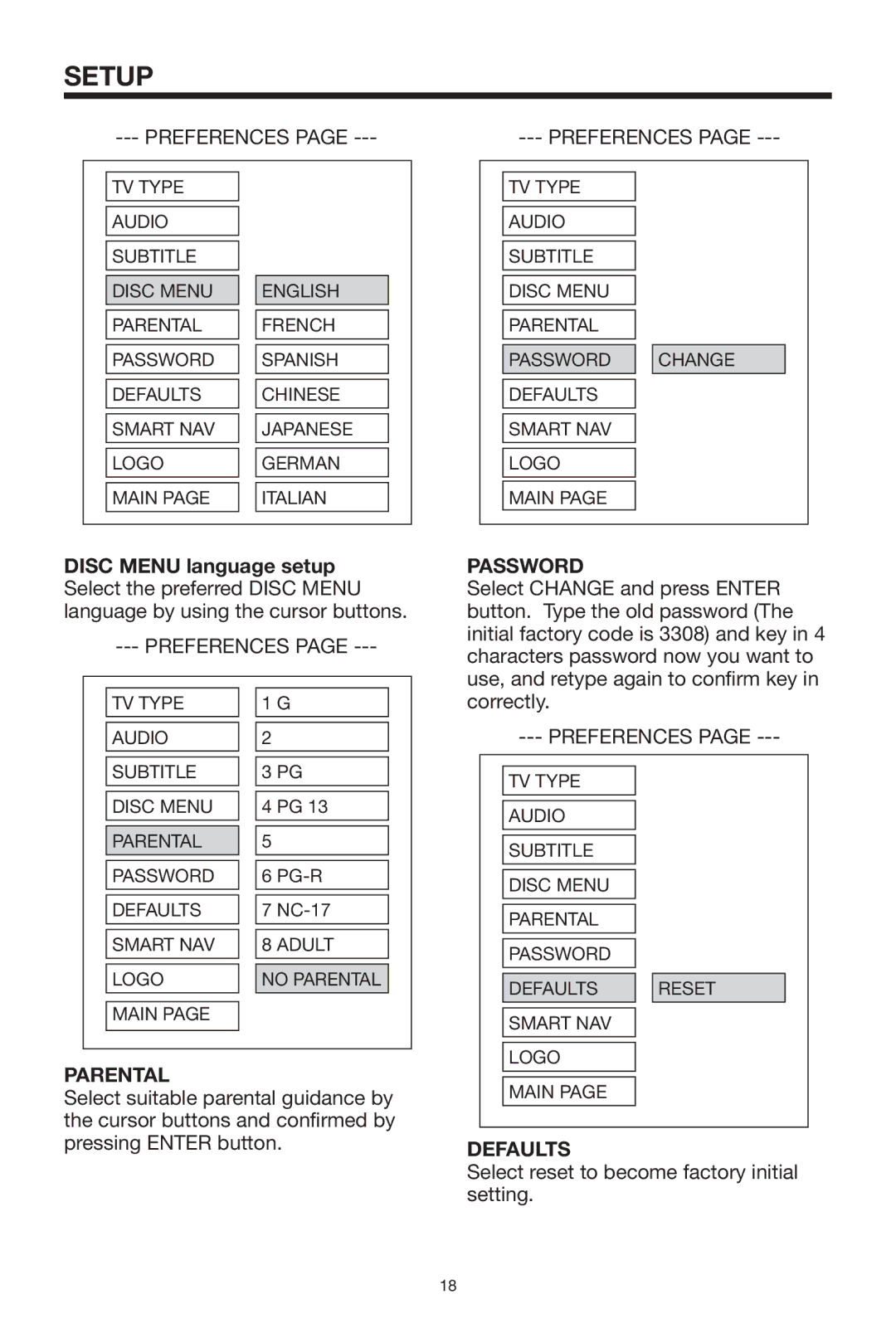 Rosen Entertainment Systems 10.2 manual Parental, Password, Defaults 