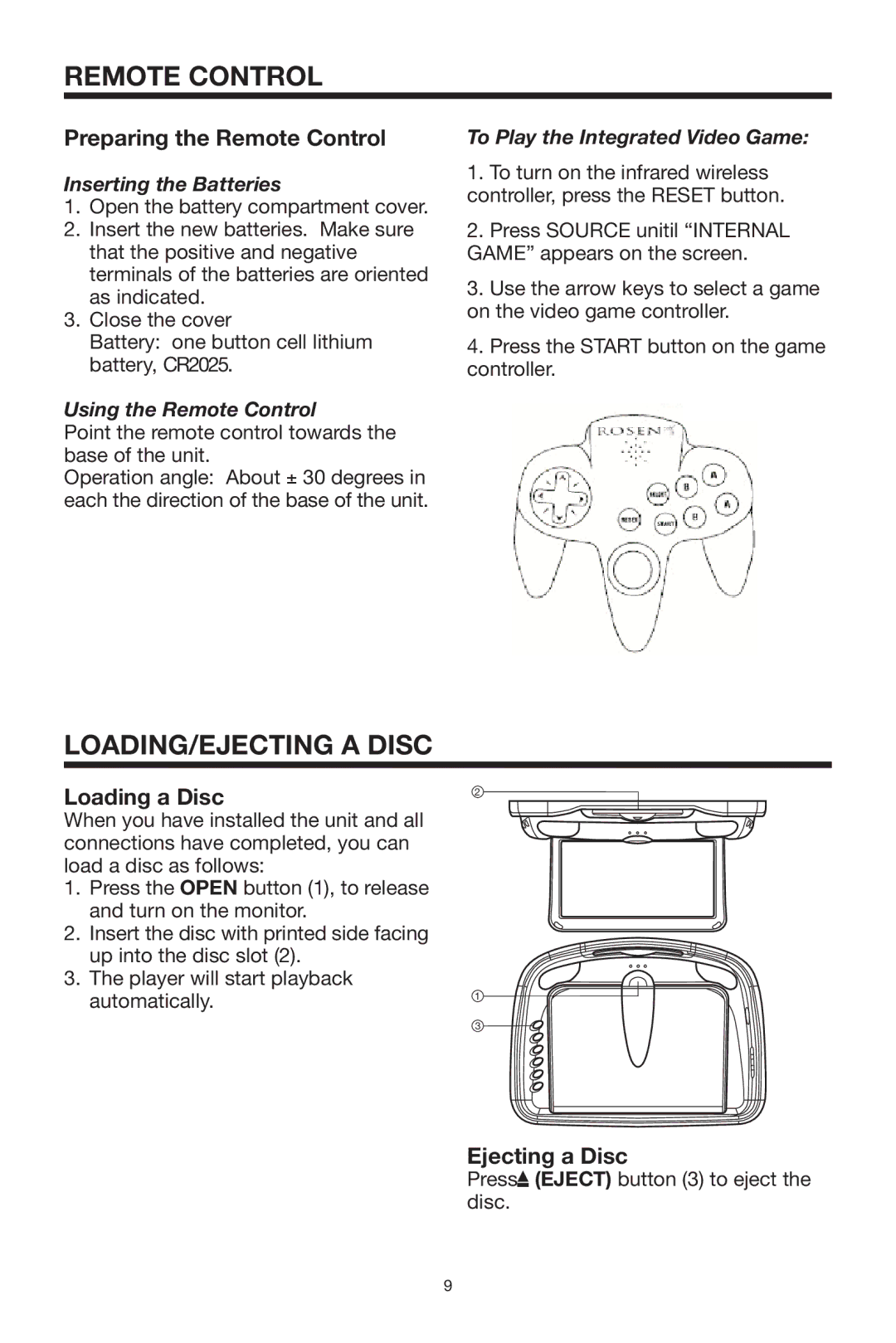 Rosen Entertainment Systems 10.2 manual LOADING/EJECTING a Disc, Preparing the Remote Control 