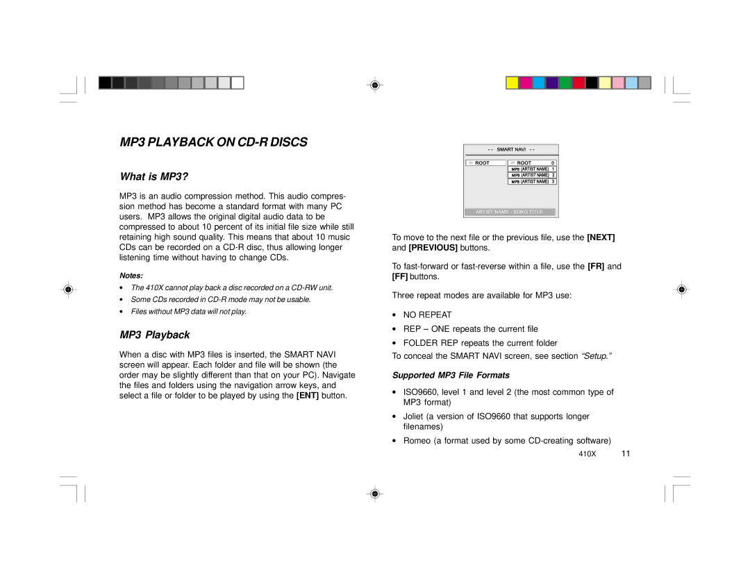 Rosen Entertainment Systems 410X specifications MP3 Playback on CD-R Discs, What is MP3?, Supported MP3 File Formats 