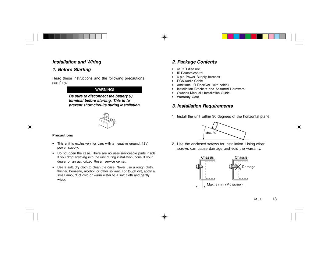 Rosen Entertainment Systems 410X Installation and Wiring Before Starting, Package Contents, Installation Requirements 