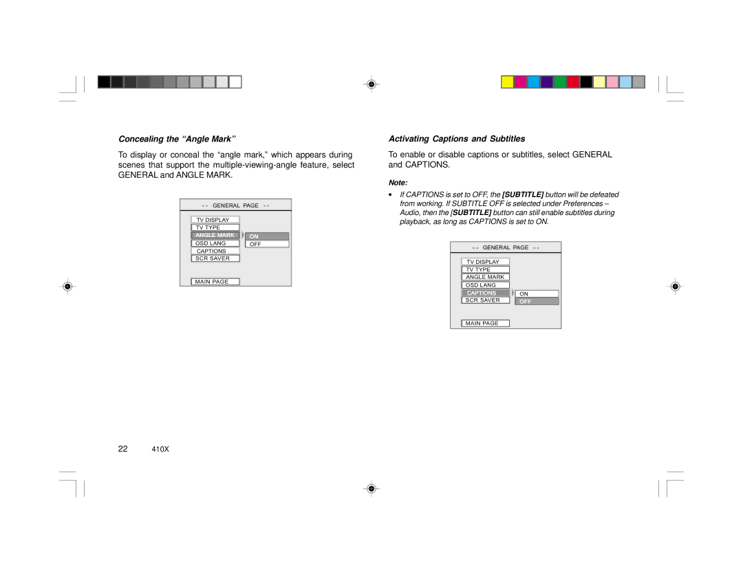 Rosen Entertainment Systems 410X specifications Concealing the Angle Mark, Activating Captions and Subtitles 