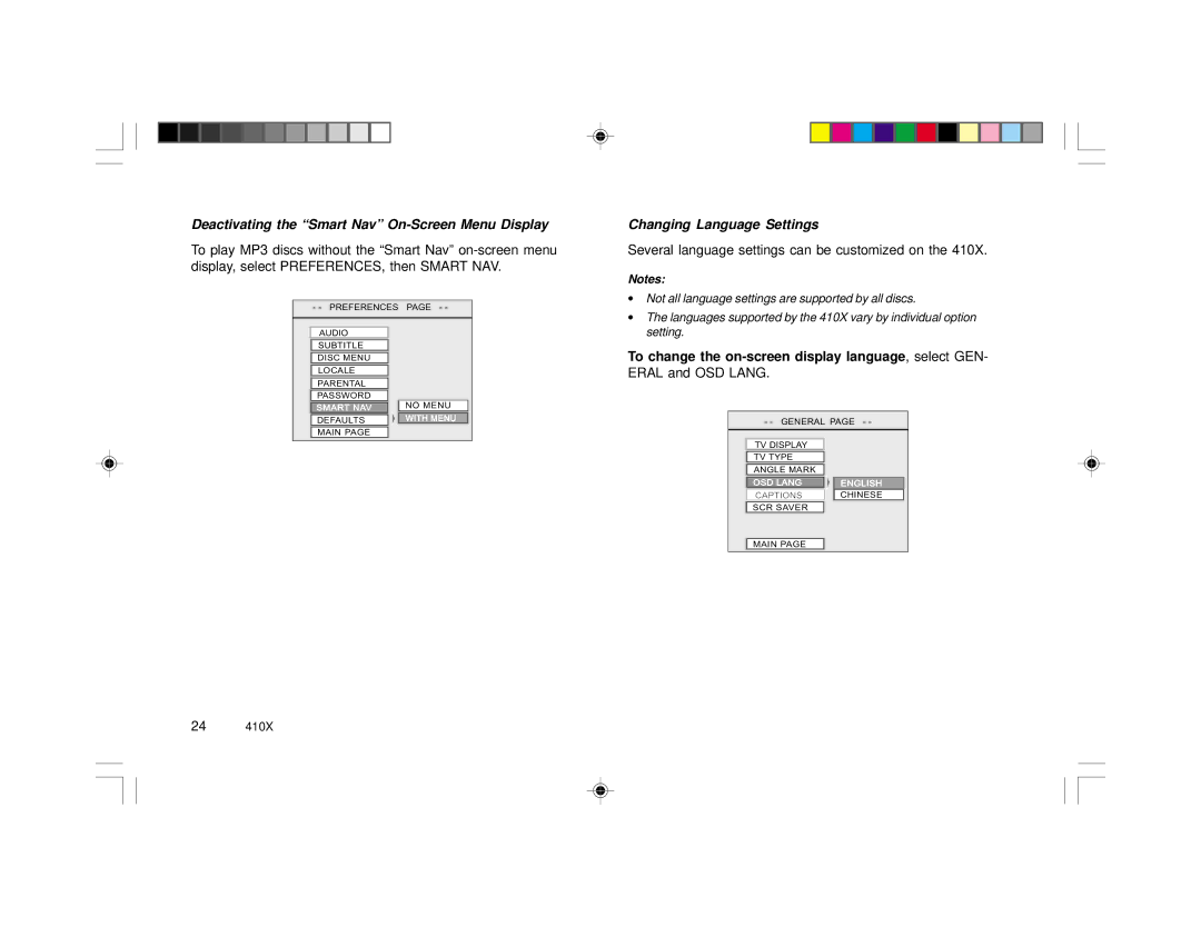 Rosen Entertainment Systems 410X Deactivating the Smart Nav On-Screen Menu Display, Changing Language Settings 