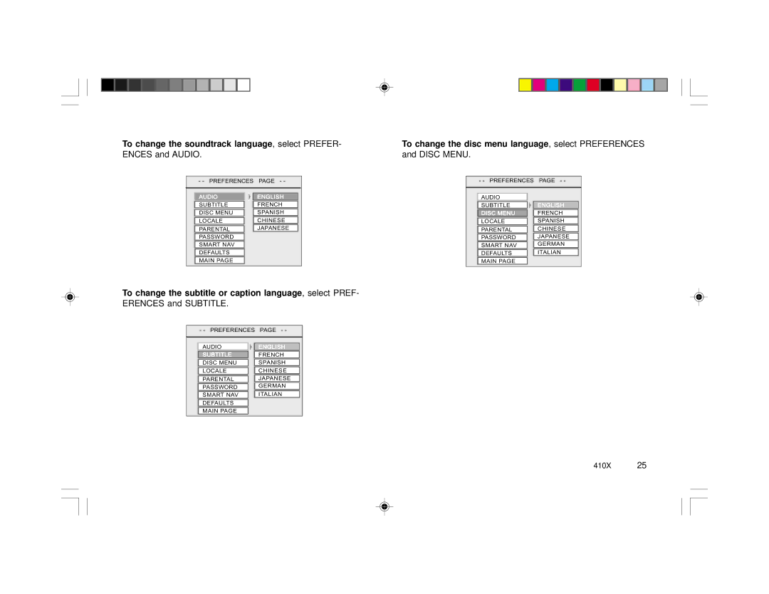 Rosen Entertainment Systems 410X specifications To change the disc menu language, select Preferences 