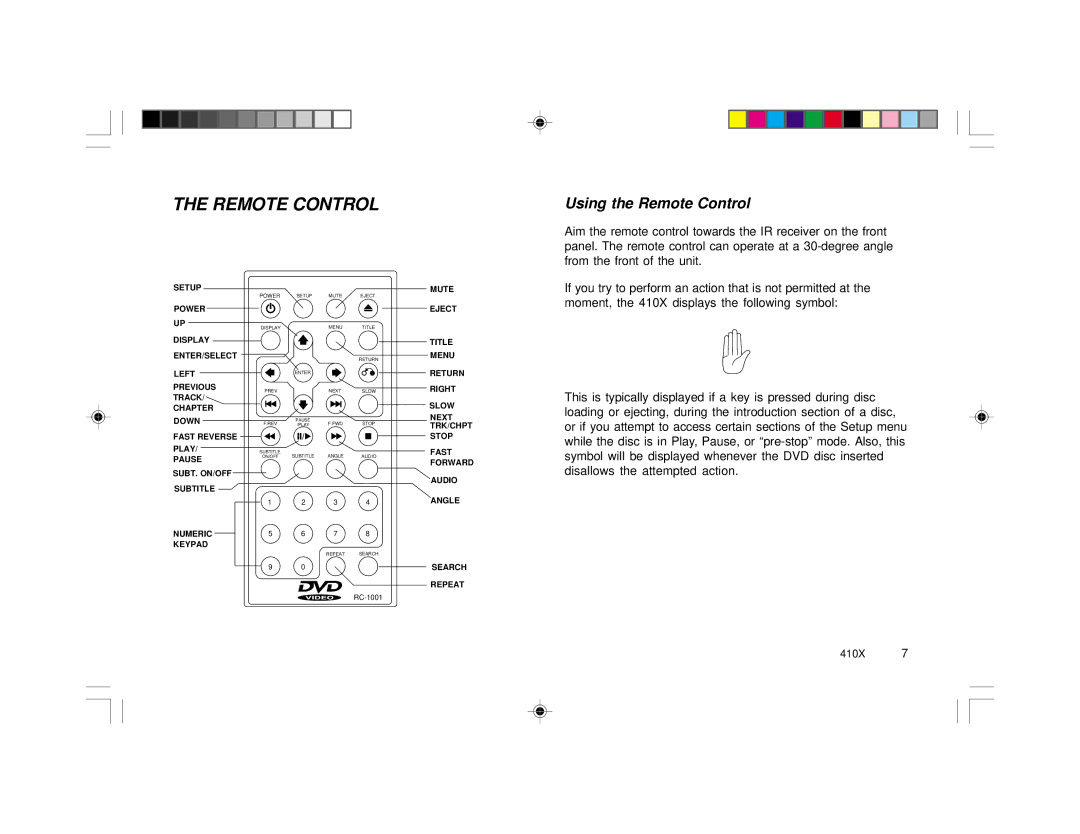 Rosen Entertainment Systems 410X specifications Using the Remote Control 