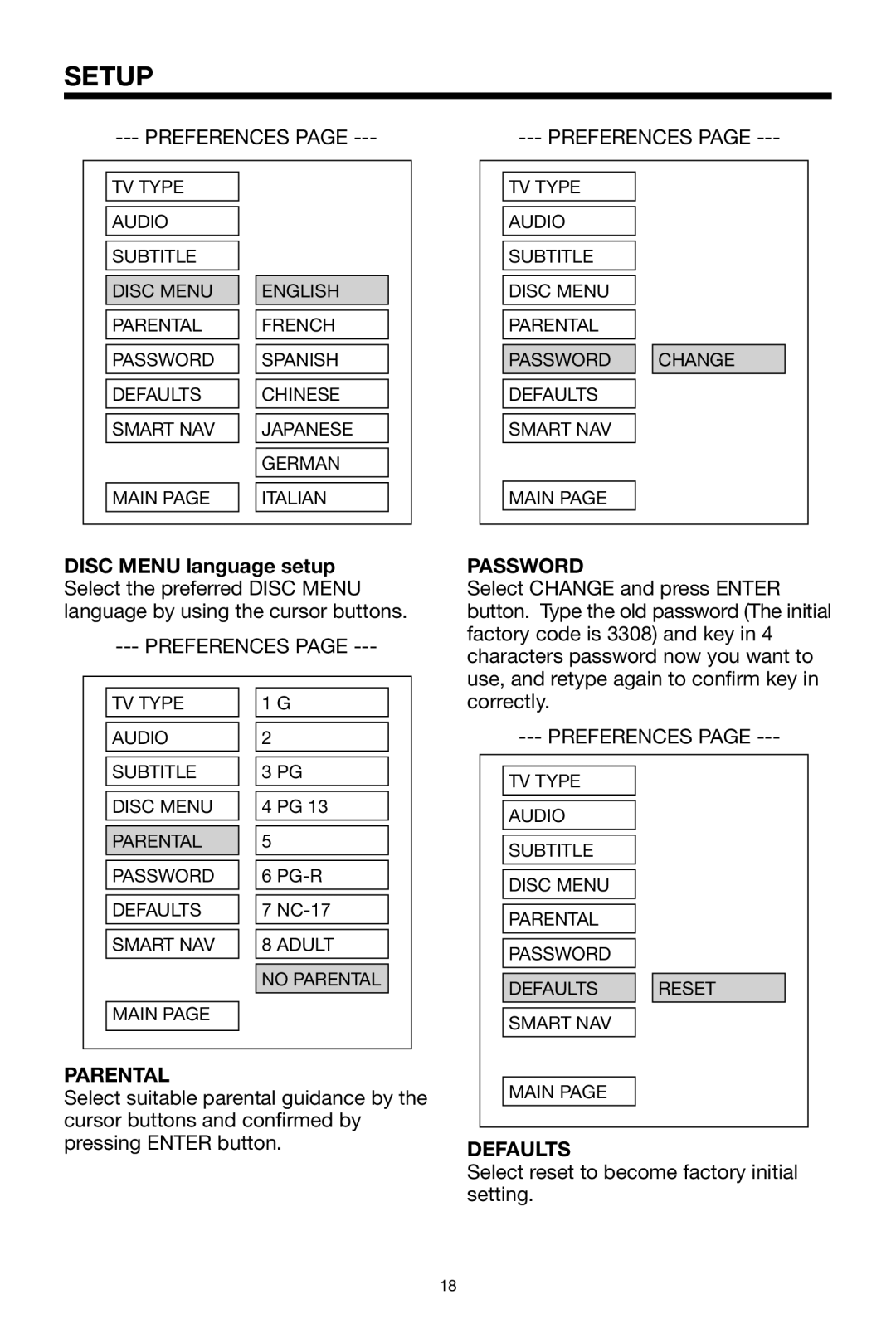 Rosen Entertainment Systems 7 manual Parental, Password, Defaults 