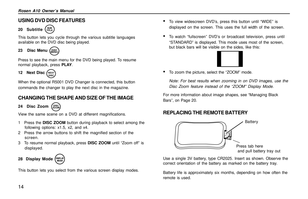 Rosen Entertainment Systems A10 owner manual Using DVD Disc Features, Changing the Shape and Size of the Image 