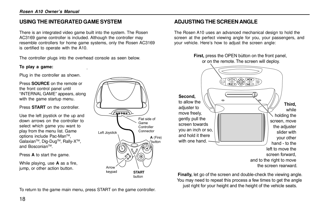 Rosen Entertainment Systems A10 Using the Integrated Game System, Adjusting the Screen Angle, To play a game, Second 