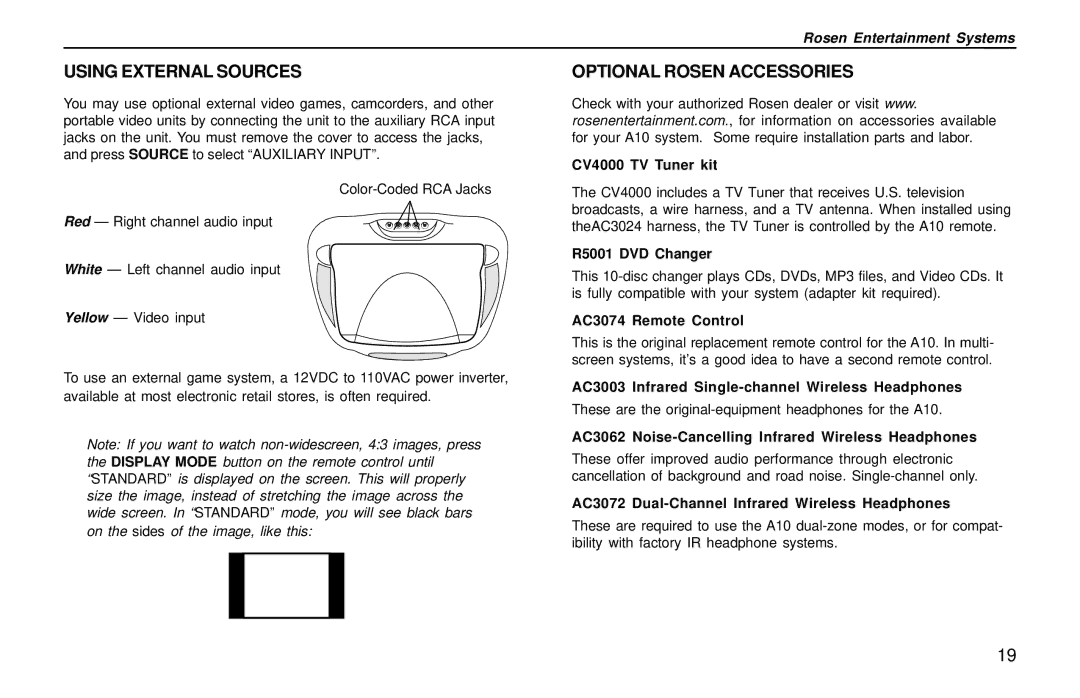 Rosen Entertainment Systems A10 owner manual Using External Sources, Optional Rosen Accessories 