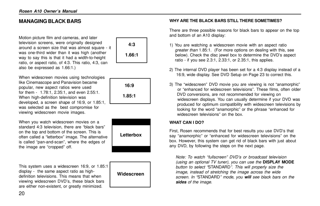 Rosen Entertainment Systems A10 owner manual Managing Black Bars, 661 169 851 Letterbox Widescreen 